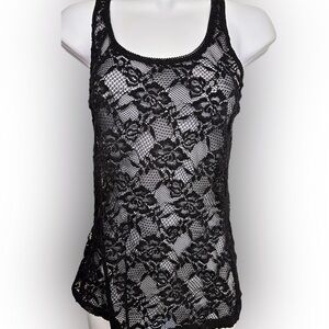 VINTAGE LIPSTICK Sheer Black Floral Detail Lace Racerback Tank Top Womens SZ S